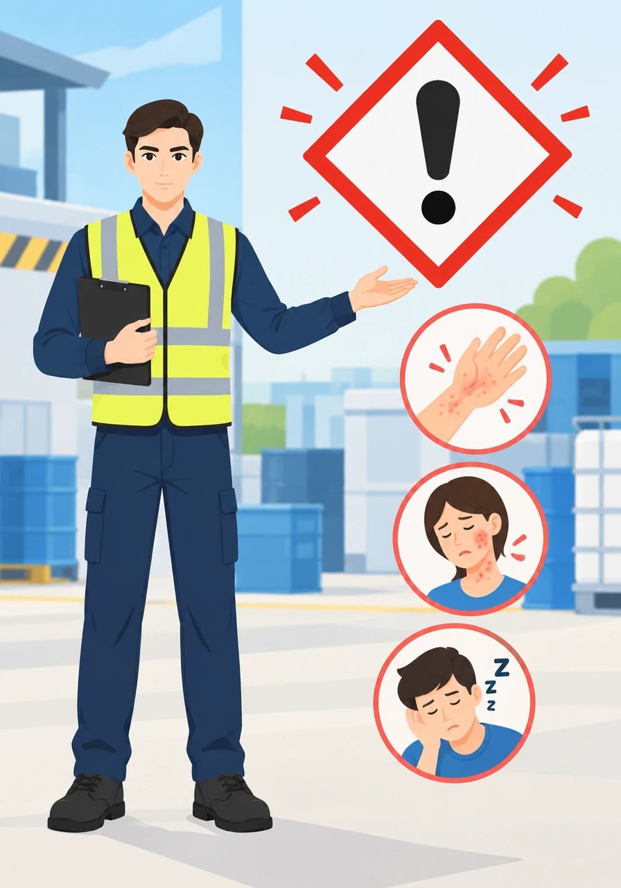 Sam gestures toward a bright red diamond featuring a bold Exclamation Mark. This versatile symbol warns of acute, less severe health effects like skin irritation, allergic reactions, or drowsiness upon exposure.