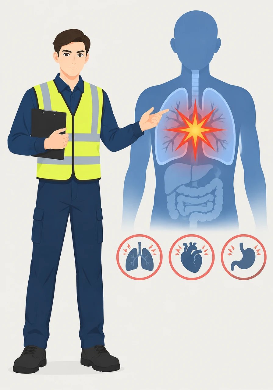 Looking closely at a stylized human silhouette with a star blooming in its chest, Sam presents the Health Hazard pictogram. This symbol warns of serious, long-term health risks, including respiratory sensitizers, reproductive toxicity, and carcinogens.