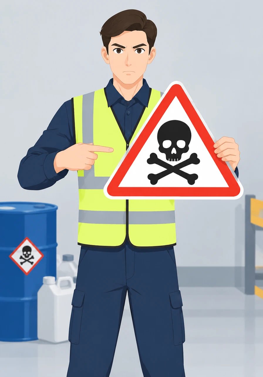 With a serious tone, Sam presents the unmistakable Skull and Crossbones pictogram. This urgent icon represents acute toxicity, warning that even small exposures can be toxic or fatal within moments.