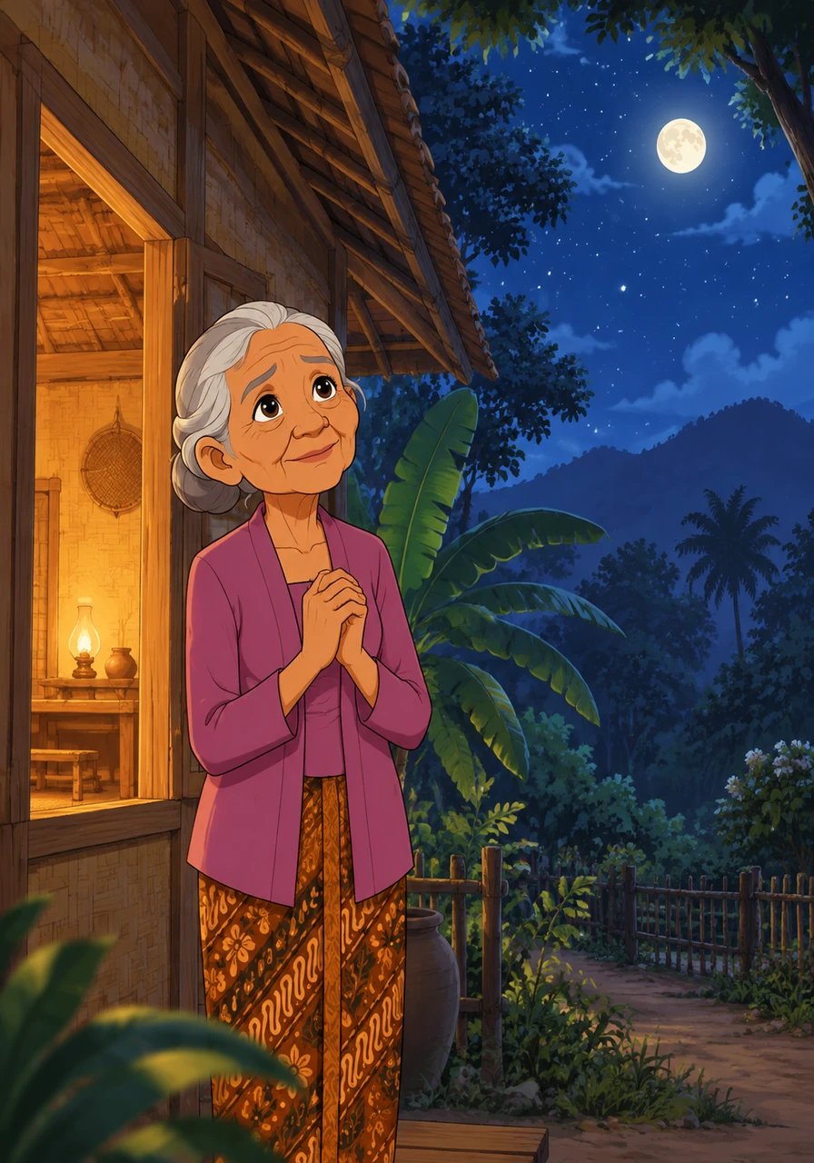 In a quiet village near a lush green forest in Central Java, a lonely widow named Mbok Srini lived alone in a humble wooden cottage. Every evening, she looked up at the quiet night sky, wishing with all her heart for a child to keep her company and fill her home with laughter.