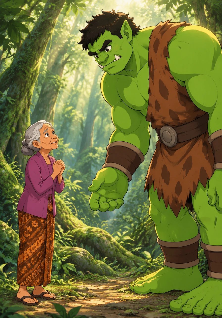 One day, Mbok Srini met a giant named Buto Ijo in the forest. The giant promised to grant her wish for a child, but demanded a steep price: when the child turned seventeen years old, Mbok Srini would have to give her back to him. Desperate for a child, the widow agreed to the deal.