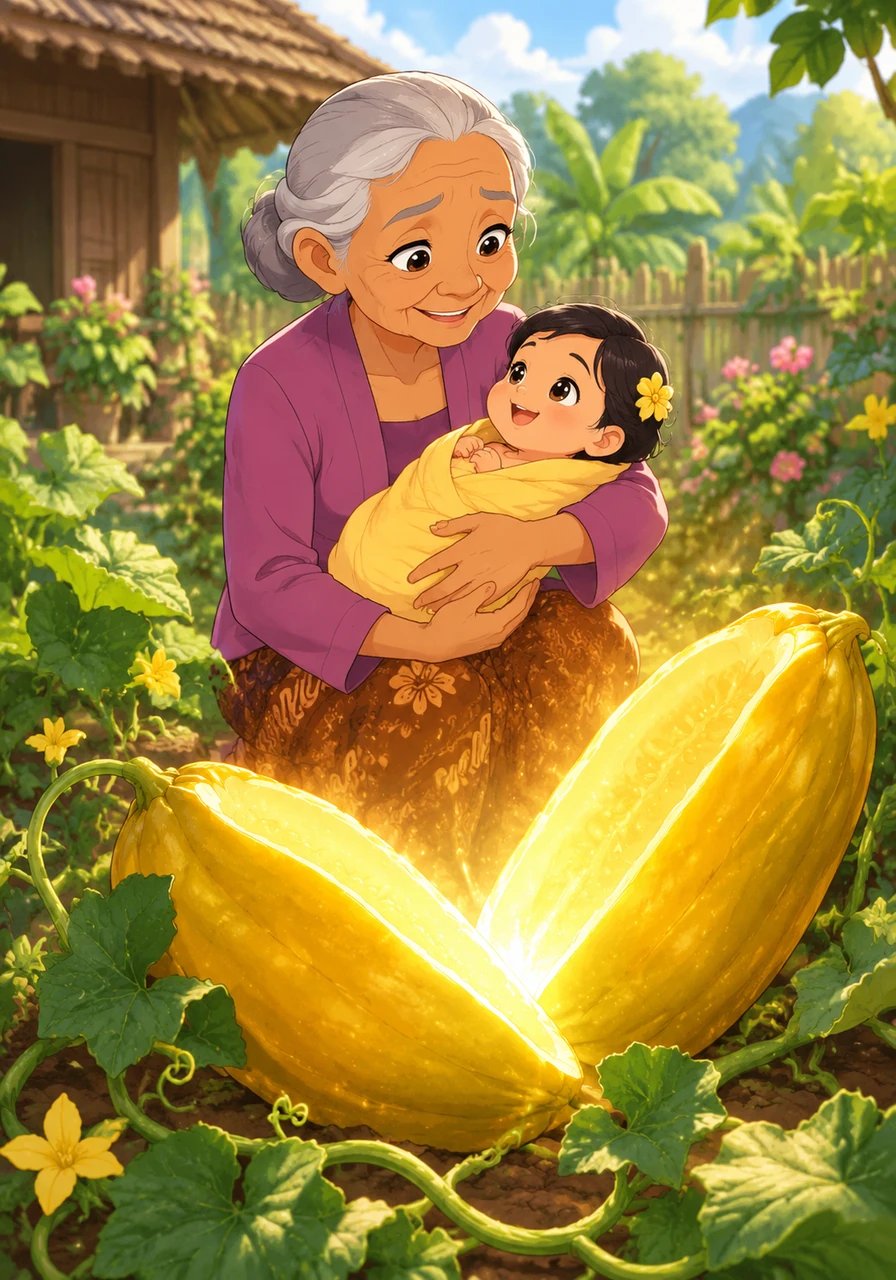 Buto Ijo handed her magical cucumber seeds, which Mbok Srini carefully planted in her garden. Soon, a glowing cucumber of radiant gold grew from the vines, and inside it lay a beautiful baby girl whom Mbok Srini lovingly named Timun Mas.