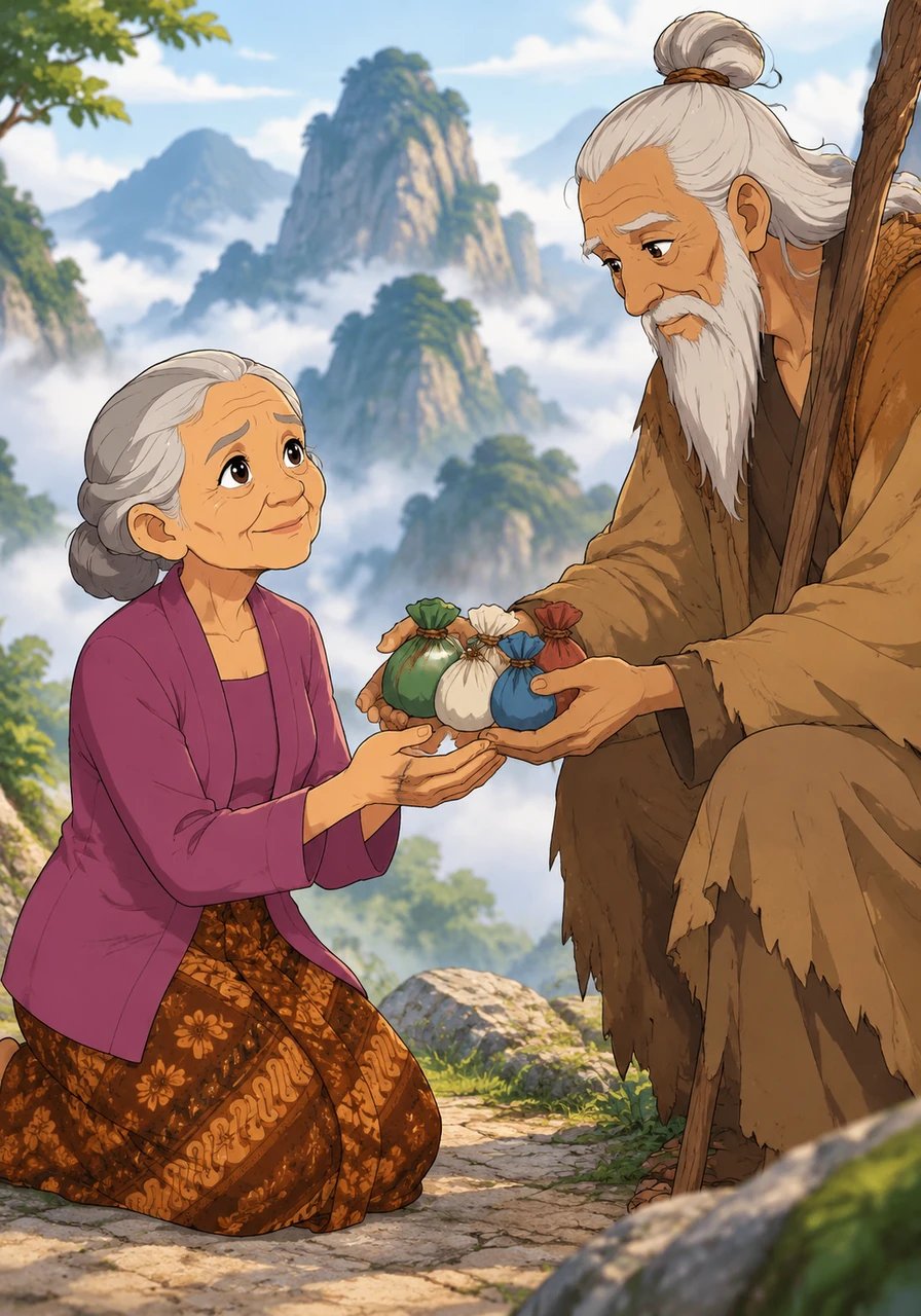 Mbok Srini journeyed high into the mountains to seek help from a wise hermit. The hermit gave her four magical gifts wrapped in cloth—cucumber seeds, needles, salt, and shrimp paste—instructing her to give them to Timun Mas to defend herself when danger arrived.