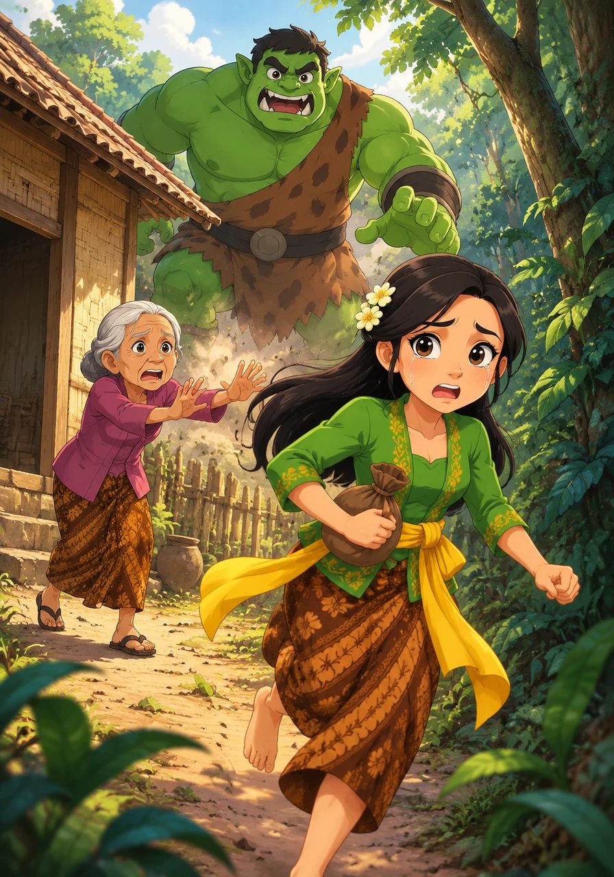 On the morning of Timun Mas's birthday, thundering footsteps shook the ground as Buto Ijo arrived at the cottage to demand his prize. Holding back her tears, Mbok Srini urged her daughter to run, and Timun Mas fled into the dark forest with the four magical gifts tucked tightly in her pouch.