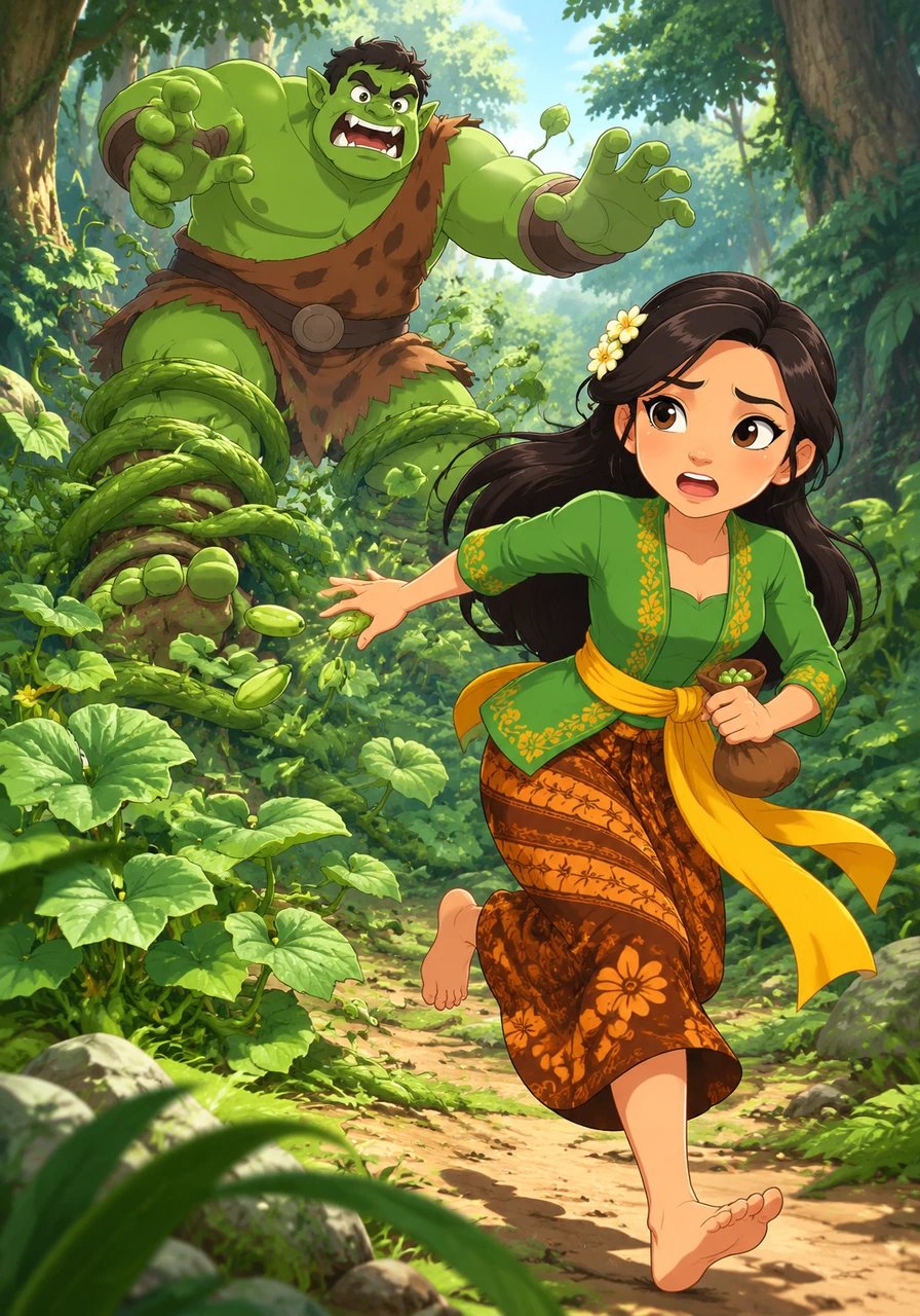 As the massive giant closed in behind her, Timun Mas threw the cucumber seeds over her shoulder. Instantly, thick cucumber vines sprouted across the jungle floor, entangling Buto Ijo's massive legs and giving Timun Mas a vital head start.