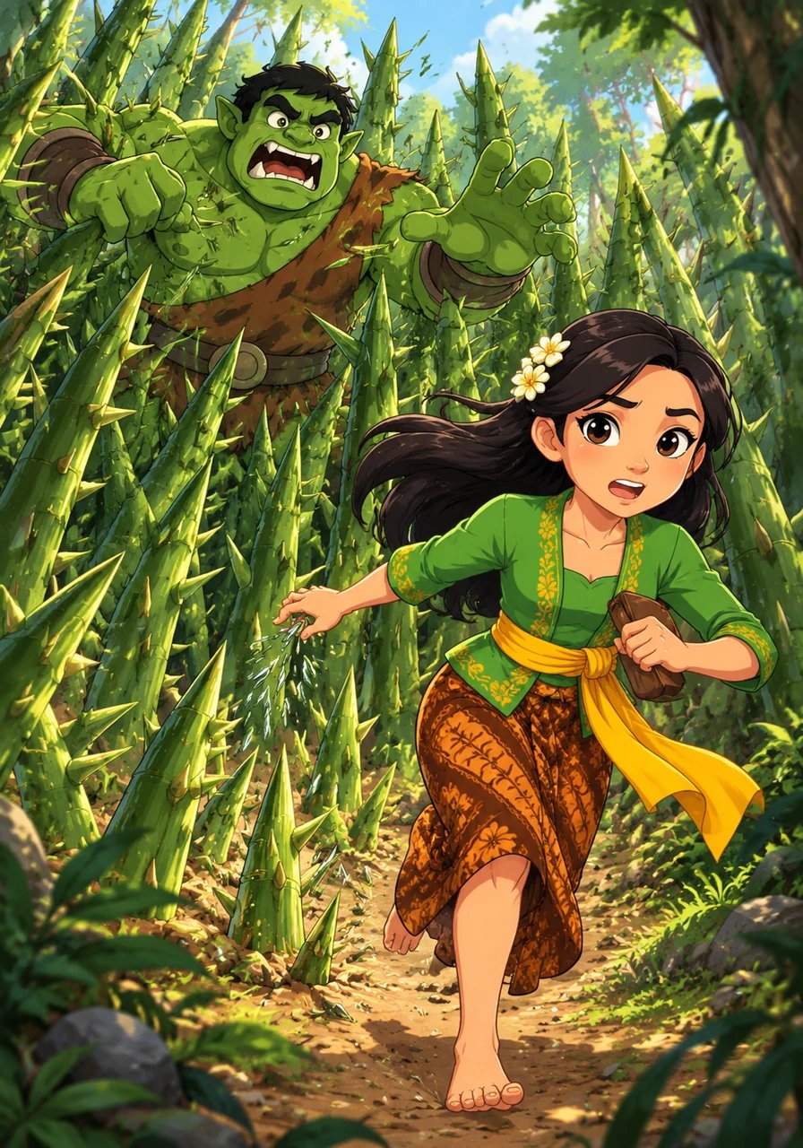 When the giant managed to break free and charge after her once more, Timun Mas reached for the second gift and scattered the needles onto the ground. In seconds, a dense forest of sharp, prickly bamboo shot up from the dirt, slowing down Buto Ijo as he struggled to push through.