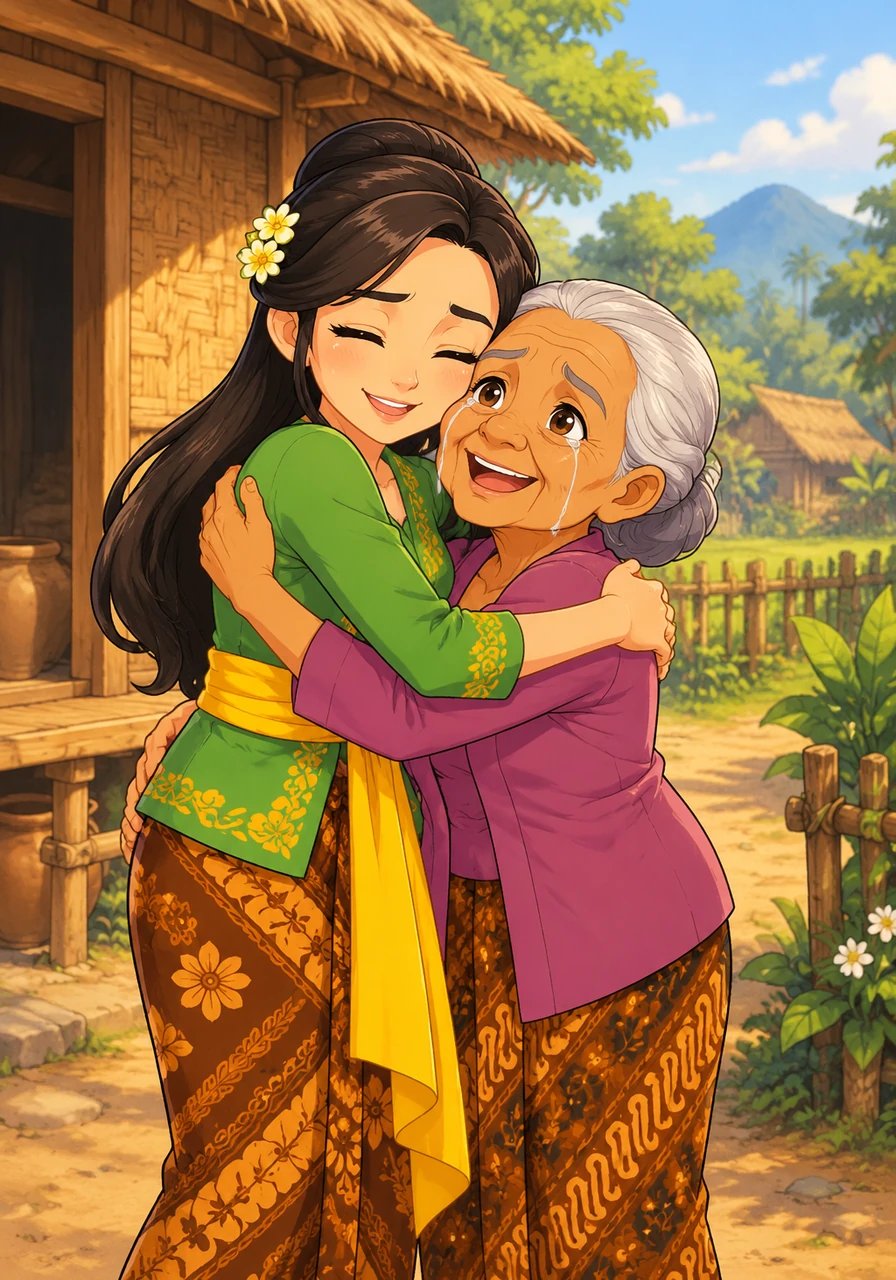 Safe at last, Timun Mas returned home to her mother's waiting arms. Mbok Srini wept tears of relief as she embraced her clever, brave daughter, and together they lived a long, happy life filled with peace, love, and gratitude.