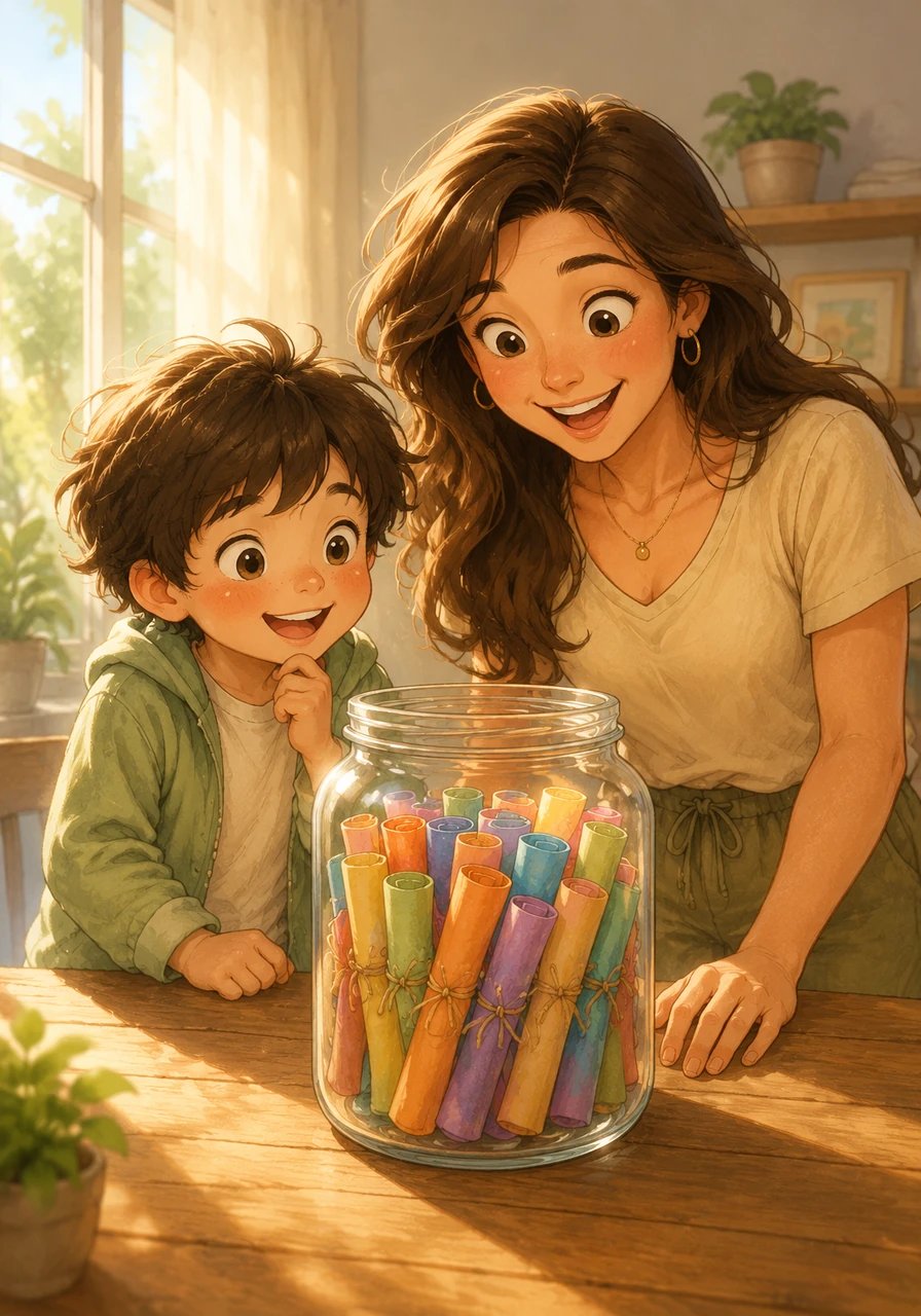 A beautiful glass jar sits on a sunlit wooden table, sparkling with thirty colorful rolled-up papers inside. A smiling mother with long flowing hair and her curious five-year-old child, Leo, look at the jar with bright, excited eyes, ready for a summer of screen-free magic. The title 'The Unplugged Summer Kit' is written in soft, elegant letters above them.