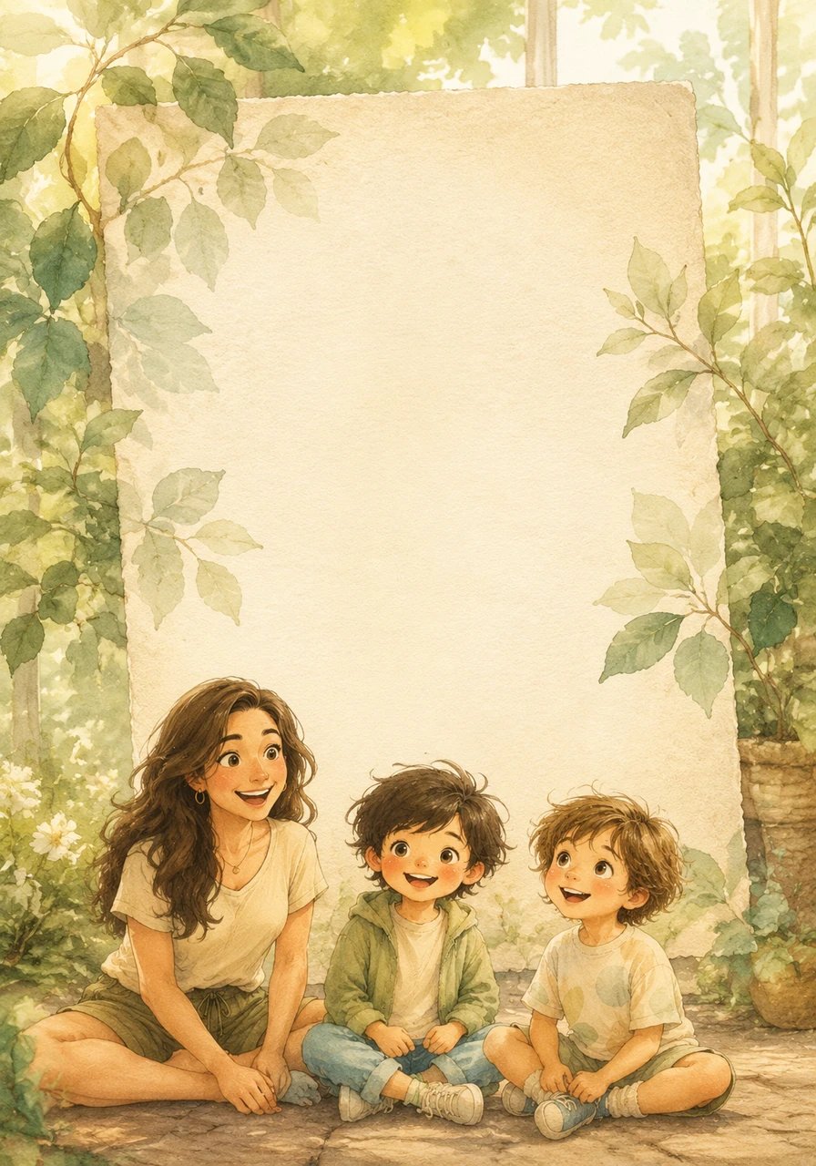 A warm, inviting letter addressed to parents fills the page, surrounded by delicate watercolor illustrations of green leaves and gentle morning sunlight. The text encourages families to slow down, embrace the beauty of simple moments, and explore the wonders of the natural world together through daily hands-on play.