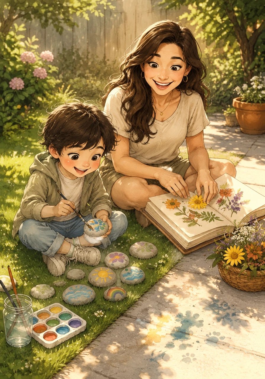 The next three days bring out their inner artists using gifts from Mother Nature. Leo paints cheerful patterns onto smooth river rocks, while Mom helps carefully press bright summer flowers between the pages of a heavy book. Later, they laugh together as they paint beautiful, temporary masterpieces on the warm sidewalk using nothing but water and paintbrushes.