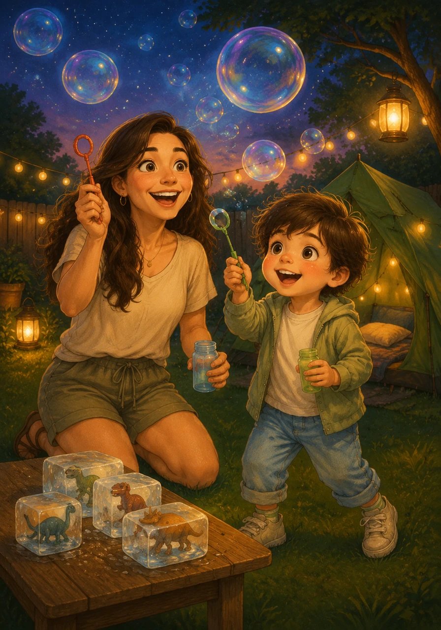 Adventure calls as the sun goes down, and they pitch a cozy green tent for some magical backyard camping under the stars. The next morning, they freeze tiny toy dinosaurs in blocks of ice for a thrilling ice excavation game, and finish the day by blowing giant, iridescent bubbles that dance in the warm summer breeze.