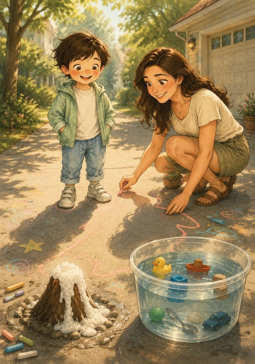 The sun helps them create art as Leo stands perfectly still so Mom can trace his long shadow on the driveway with colorful chalk. They turn into scientists next, watching a baking soda volcano erupt with fizzy bubbles, and then test which household toys sink or float in a big bucket of water.