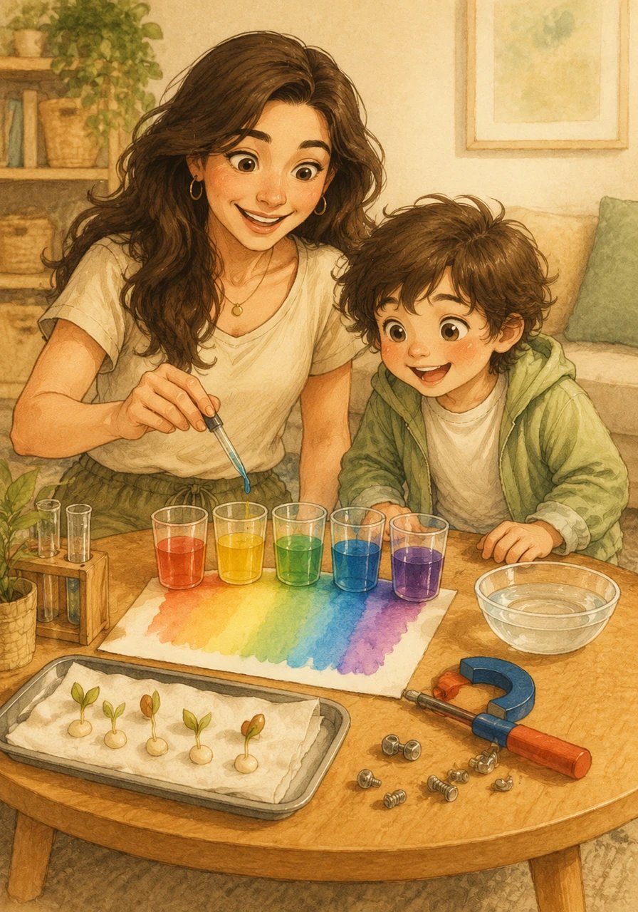 Curiosity guides their hands as they mix primary colors in clear cups to create a beautiful watercolor rainbow. They go on an exciting indoor magnet hunt to see what objects click together, and finish by gently pressing plump bean seeds into damp paper towels, waiting for the first green sprouts to appear.