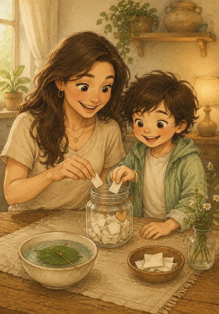 On the final active days, they assemble a simple DIY compass using a needle and a leaf in a bowl of water to find north. Afterward, they sit quietly together and write down all their favorite summer moments on tiny slips of paper, filling up a beautiful, heartwarming gratitude jar.