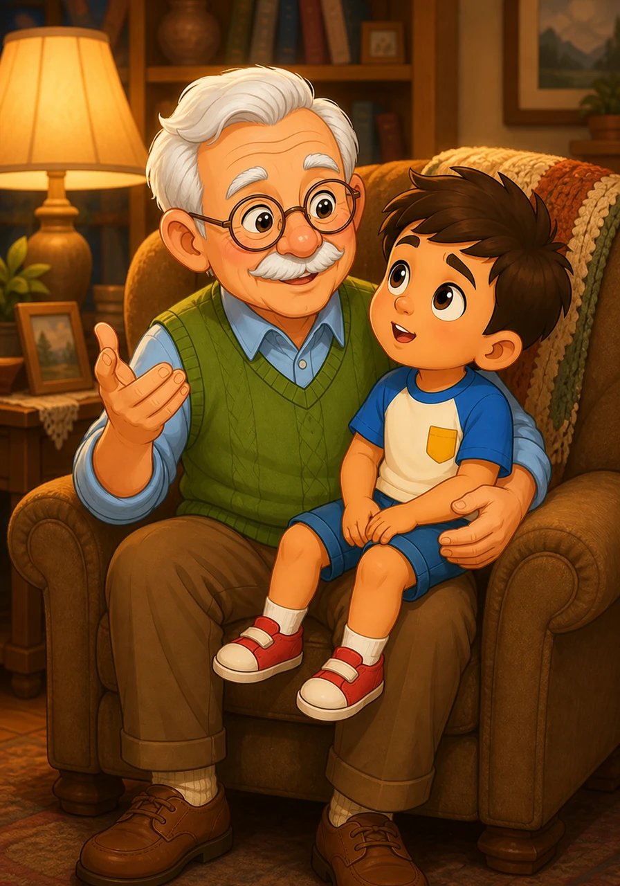 Em uma sala aconchegante, o vovô Lucas estava sentado em sua poltrona favorita com seu neto no colo. Com um olhar nostálgico e carinhoso, o idoso começou a contar sobre uma superaventura que viveu muitos anos atrás com seus três amigos de infância.