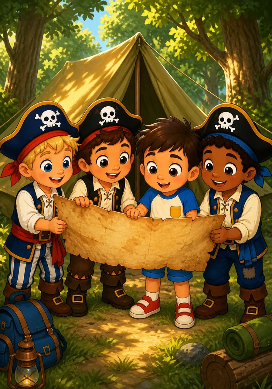 Em uma tarde ensolarada, os quatro amigos decidiram montar uma barraca e ir acampar. Foi durante esse acampamento que eles encontraram um antigo e misterioso mapa do tesouro desenhado em um papel envelhecido.