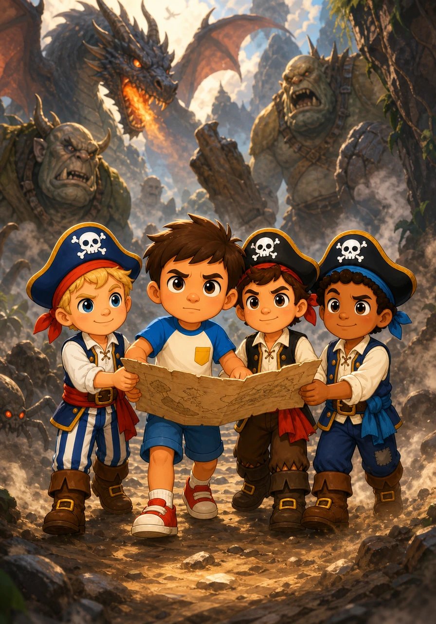 Guiados pelo mapa, os meninos enfrentaram criaturas colossais e gigantes assustadores que surgiam no caminho. De mãos dadas e cheios de coragem, os amigos usaram sua esperteza para superar todos os perigos.