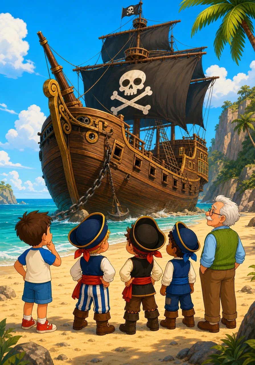 mente, o mapa os levou até uma praia dourada, onde um imponente navio pirata estava ancorado na areia. O grande tesouro escondido que tanto procuravam estava guardado bem no coração daquela embarcação.