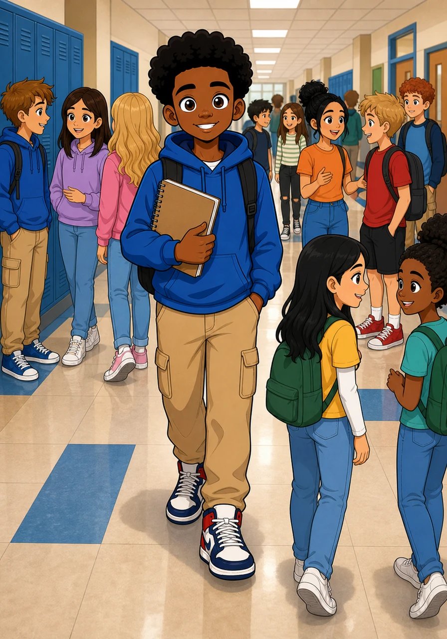 Lucas entrava no corredor do sétimo ano com o coração cheio de expectativas e um caderno de desenhos debaixo do braço. Ele adorava criar histórias em quadrinhos cheias de heróis expressivos e cores vibrantes. Todos os seus colegas conversavam animadamente, marcando o início de um novo ciclo escolar.