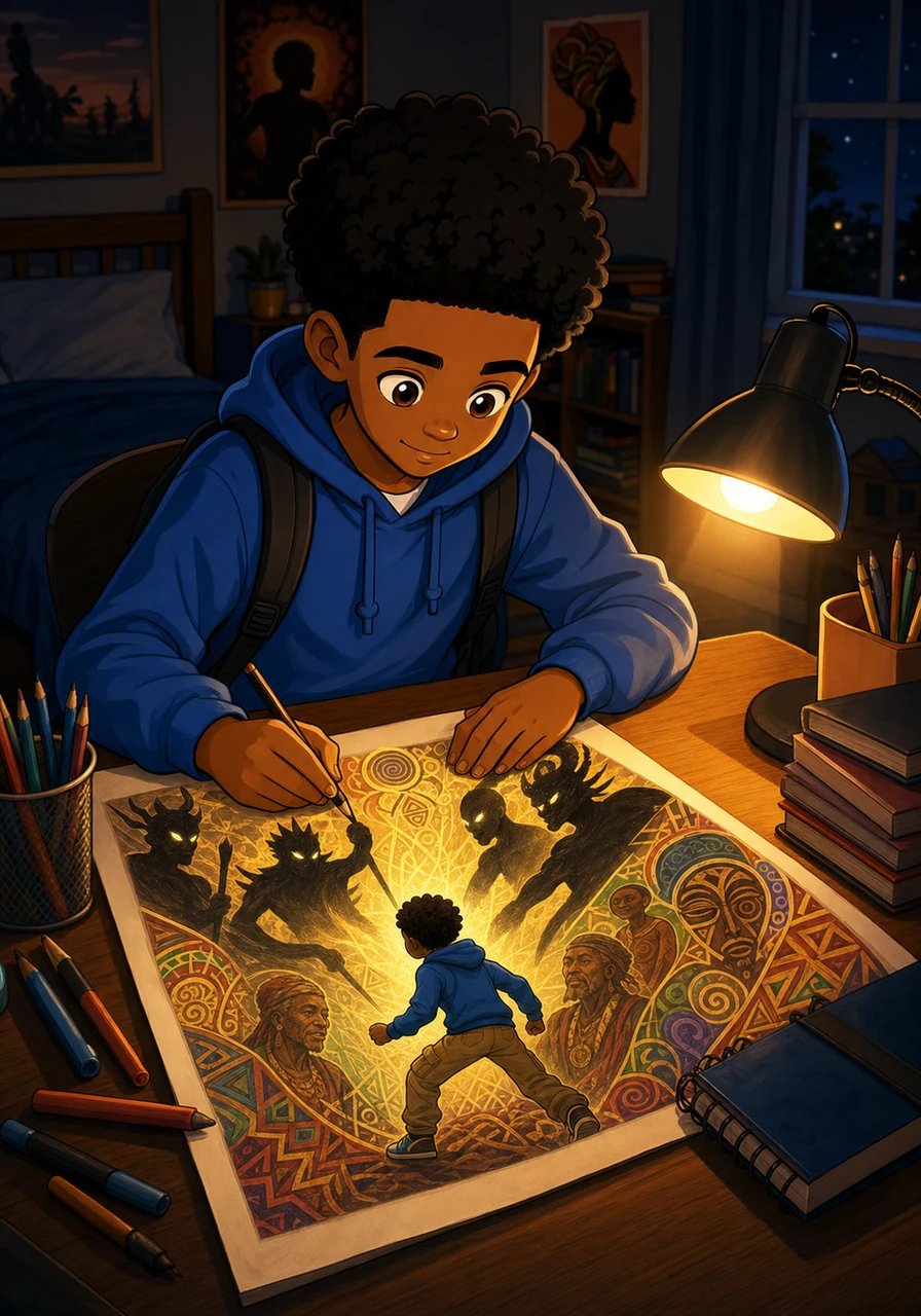 Em seu quarto, sob a luz de um abajur, Lucas trabalhou incansavelmente desenhando uma história emocionante sobre um menino cujo brilho era obscurecido por sombras de palavras cruelmente ditas. Cada traço transmitia tanto a dor do preconceito quanto a beleza e a força da sua ancestralidade.