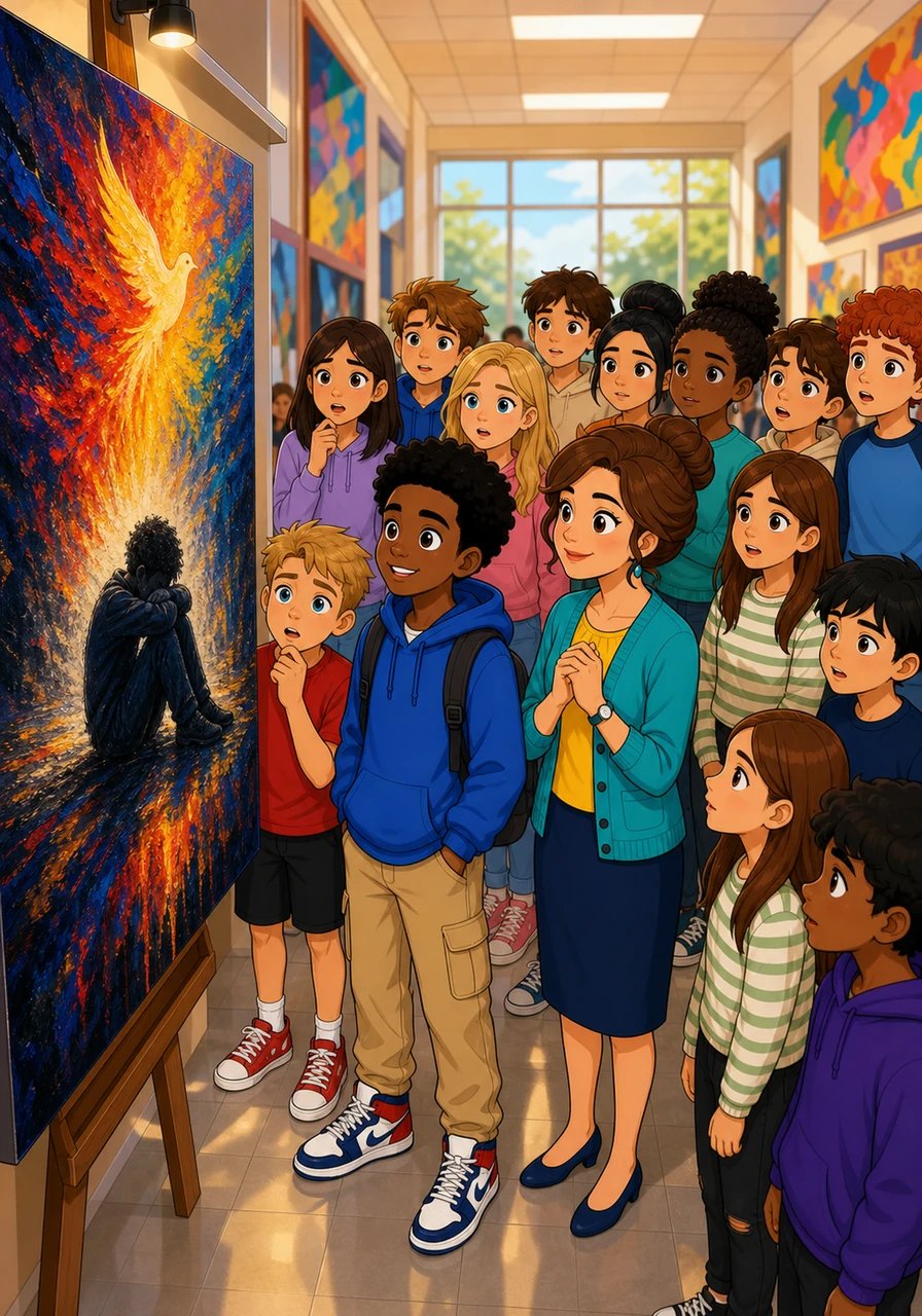 No dia da exposição, o corredor principal da escola ficou repleto de telas e murais coloridos. Uma multidão de alunos se aglomerou em volta da obra anônima número quatorze, fascinada pela intensidade das imagens e pela mensagem profunda.