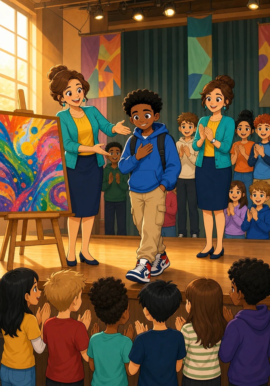 A diretora da escola subiu ao palco improvisado e anunciou a obra de Lucas como a grande vencedora do concurso. Quando o jovem caminhou até a frente para revelar sua autoria, um silêncio respeitoso se transformou em um aplauso caloroso e emocionado.