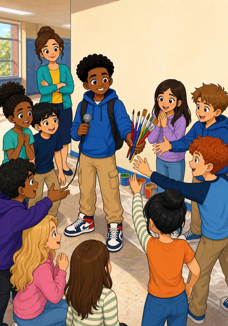 Em vez de apontar erros ou guardar rancor, Lucas pegou o microfone e convidou toda a turma para transformar aquela arte em um mural coletivo na parede da escola. Ele estendeu os pincéis aos colegas, propondo que todos reescrevessem juntos o futuro da convivência deles.