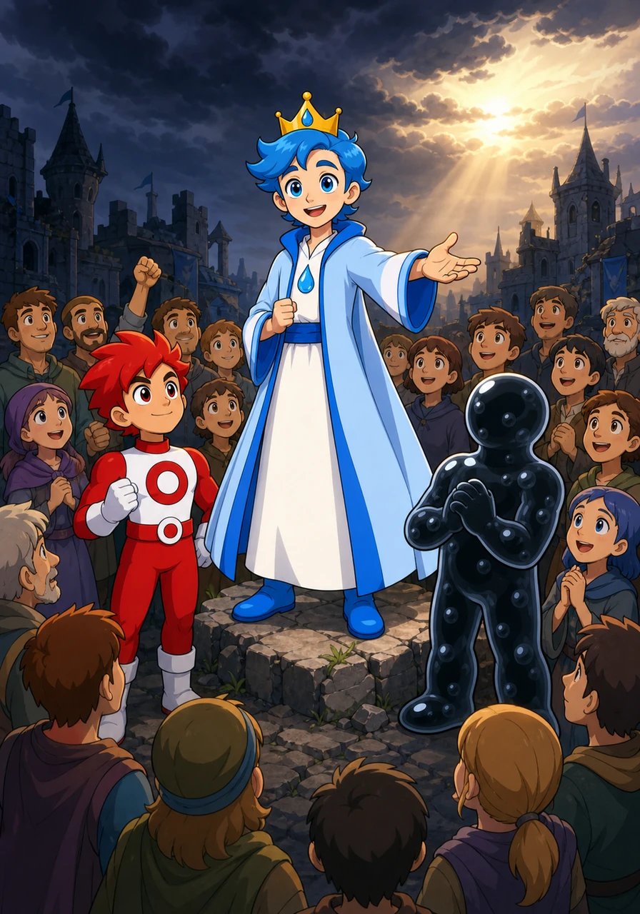King Hydro, the lightest and most humble element, gathered all the kingdom's citizens together. He called upon everyone to unite, knowing that only by standing together could they bring back the light and save their beloved home.