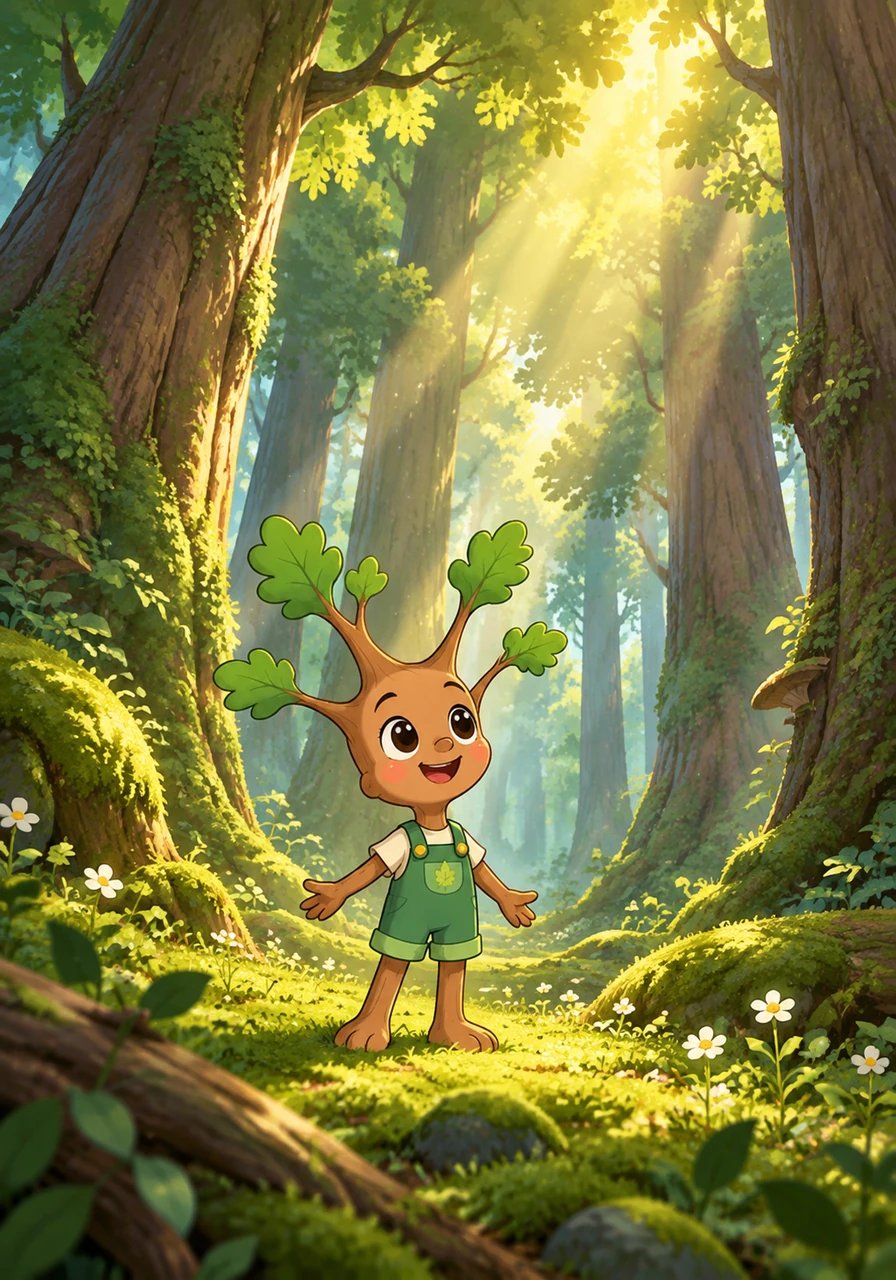Voici Célestin, un petit chêne curieux avec seulement quelques feuilles, debout tout seul dans une vaste forêt de géants imposants. Célestin s'étire avec impatience vers les taches de soleil, se demandant combien de temps il lui faudra pour devenir grand et fort. Le sol est doux avec de la mousse, et de minuscules fleurs sauvages s'épanouissent à sa base.