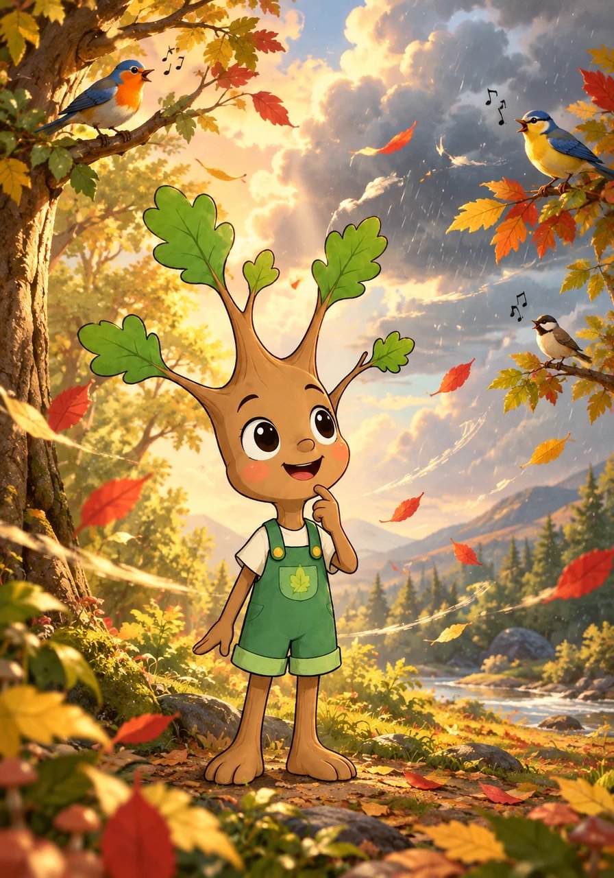 Au fil des jours, Célestin apprend à 'lire' le langage de la forêt. Célestin remarque les nuages changer de forme avant la pluie, comprend les chants du matin de différents oiseaux, et observe les feuilles devenir rouges et dorées en automne. Chaque murmure du vent raconte une nouvelle histoire au jeune arbre attentif.