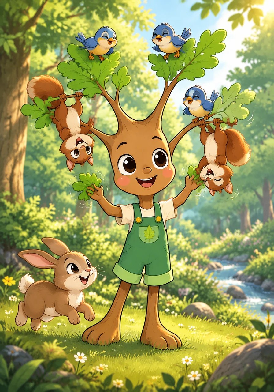 La forêt devient le terrain de jeu de Célestin. Des oiseaux se posent joyeusement sur ses jeunes branches, un lapin sautille autour de ses racines, et des écureuils enjoués s'entraînent aux acrobaties, suspendus à l'envers. Célestin fait frémir ses feuilles joyeusement, ressentant un profond bonheur dans ces simples moments de connexion.