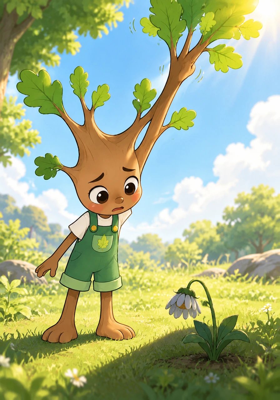 Alors que Célestin grandit, un malentendu survient. Voulant se sentir plus grand, Célestin fait pousser une nouvelle branche très rapidement, bloquant accidentellement la lumière du soleil pour une petite marguerite en difficulté en contrebas. La petite fleur se fane tristement dans l'ombre profonde, et Célestin réalise que son action a blessé un voisin.