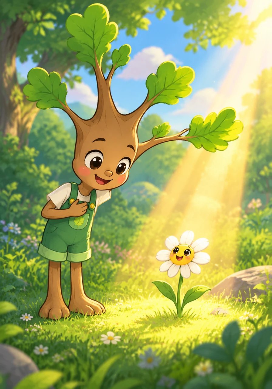 Se sentant lourd de regrets, Célestin trouve le courage de demander pardon. Avec un humble mouvement, l'arbre réoriente soigneusement sa nouvelle branche, permettant à la lumière du soleil de inonder à nouveau la marguerite, et offre plus d'ombre lors des journées chaudes à la place. La marguerite se redresse, acceptant les excuses.