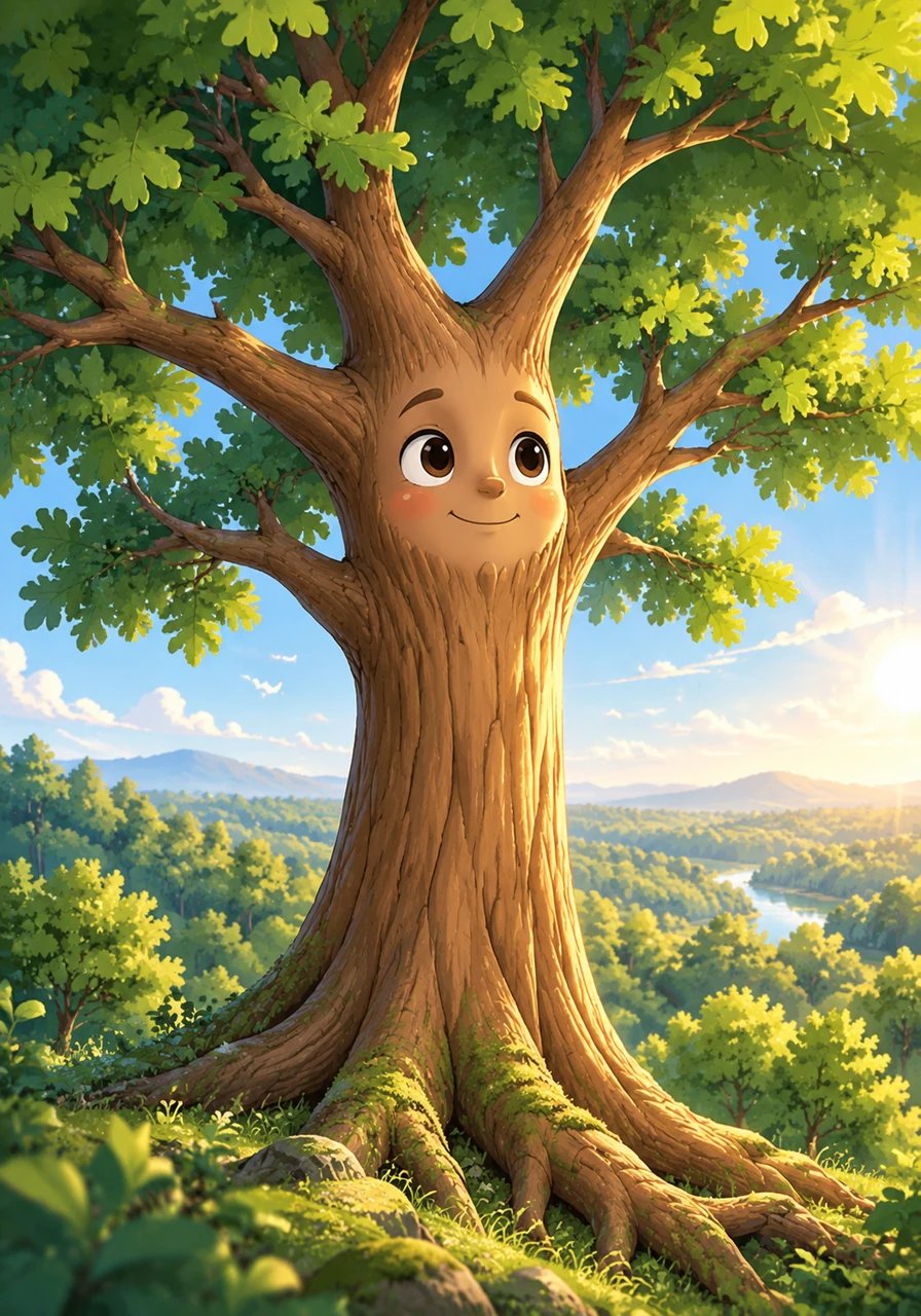 Les années passent, et Célestin n'est plus un petit chêne mais un grand arbre avec un tronc robuste et de larges branches englobantes. Célestin regarde par-dessus la forêt familière, reconnaissant que chaque leçon de gentillesse, de partage et d'aide l'a rendu véritablement fort, profondément dans ses racines.