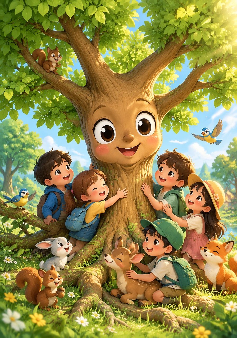 Maintenant un arbre puissant et sage, Célestin se tient entouré par la communauté prospère qu'il a aidé à nourrir. Ses branches sont lourdes de feuilles, et ses racines retiennent la terre doucement. Célestin comprend que la vraie croissance est synonyme de connexion, de gentillesse et d'évolution conjointe avec le monde qui change.