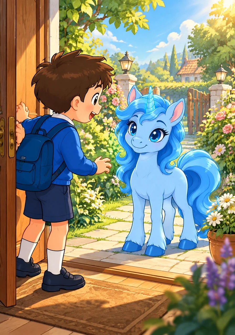 Una hermosa mañana de sol, el pequeño Benjamín abre la puerta de su casa para ir al colegio y descubre a un lindo unicornio azul esperándolo en la entrada. El suave caballito lo mira con dulzura bajo la luz matutina mientras el aire del jardín huele a flores frescas.