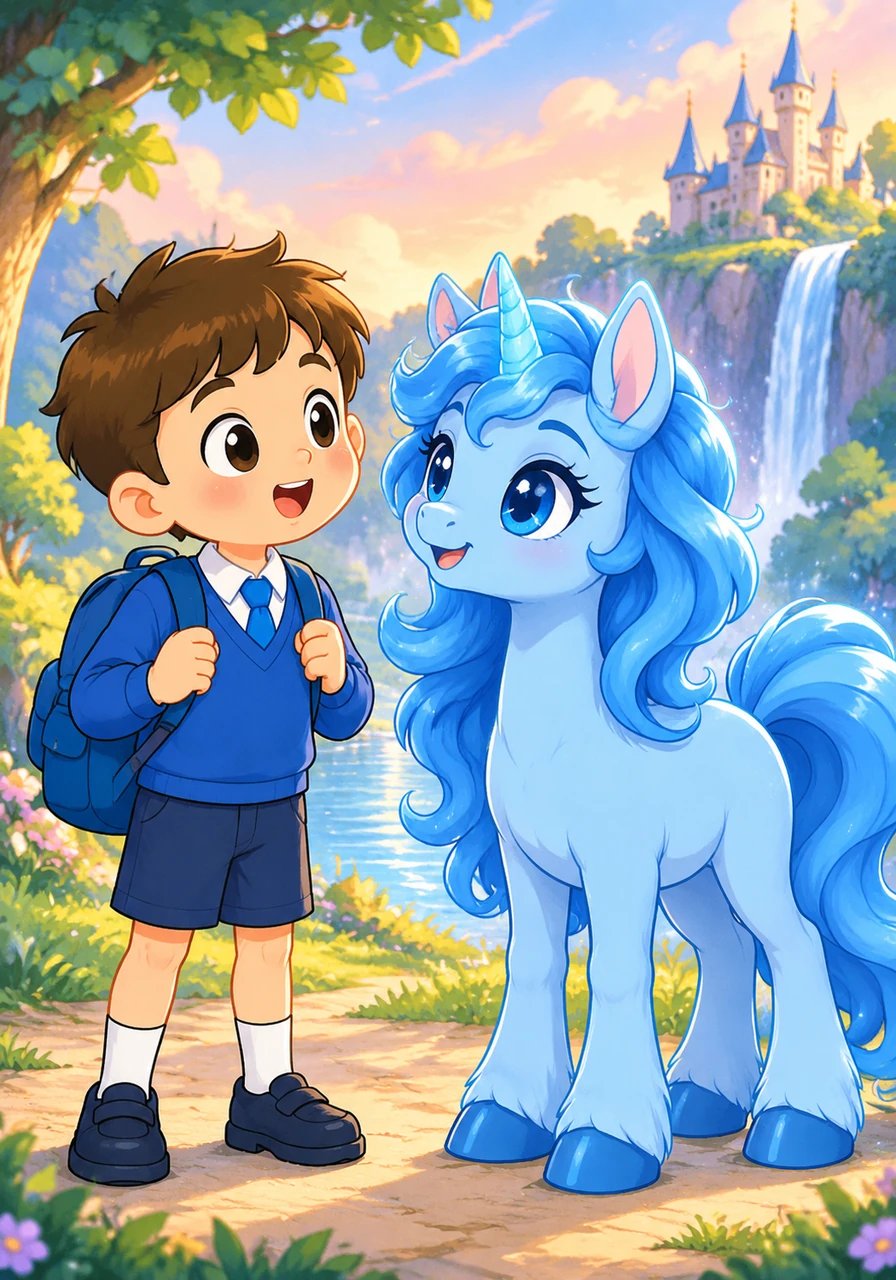 El caballito mágico saluda amablemente a Benjamín por su nombre con una voz cálida. Sorprendido e intrigado, el niño abre grande los ojos y le pregunta cómo sabe quién es él.