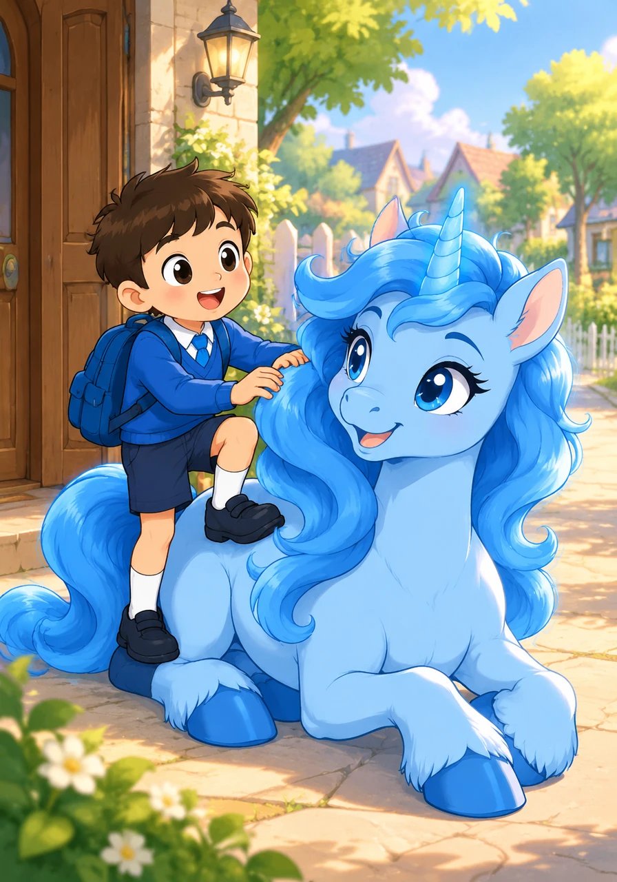 Con una sonrisa radiante, el unicornio le explica que es su ángel de la guarda y que siempre cuidará de él. Luego se agacha con elegancia e invita a Benjamín a subir a su lomo para llevarlo al colegio.