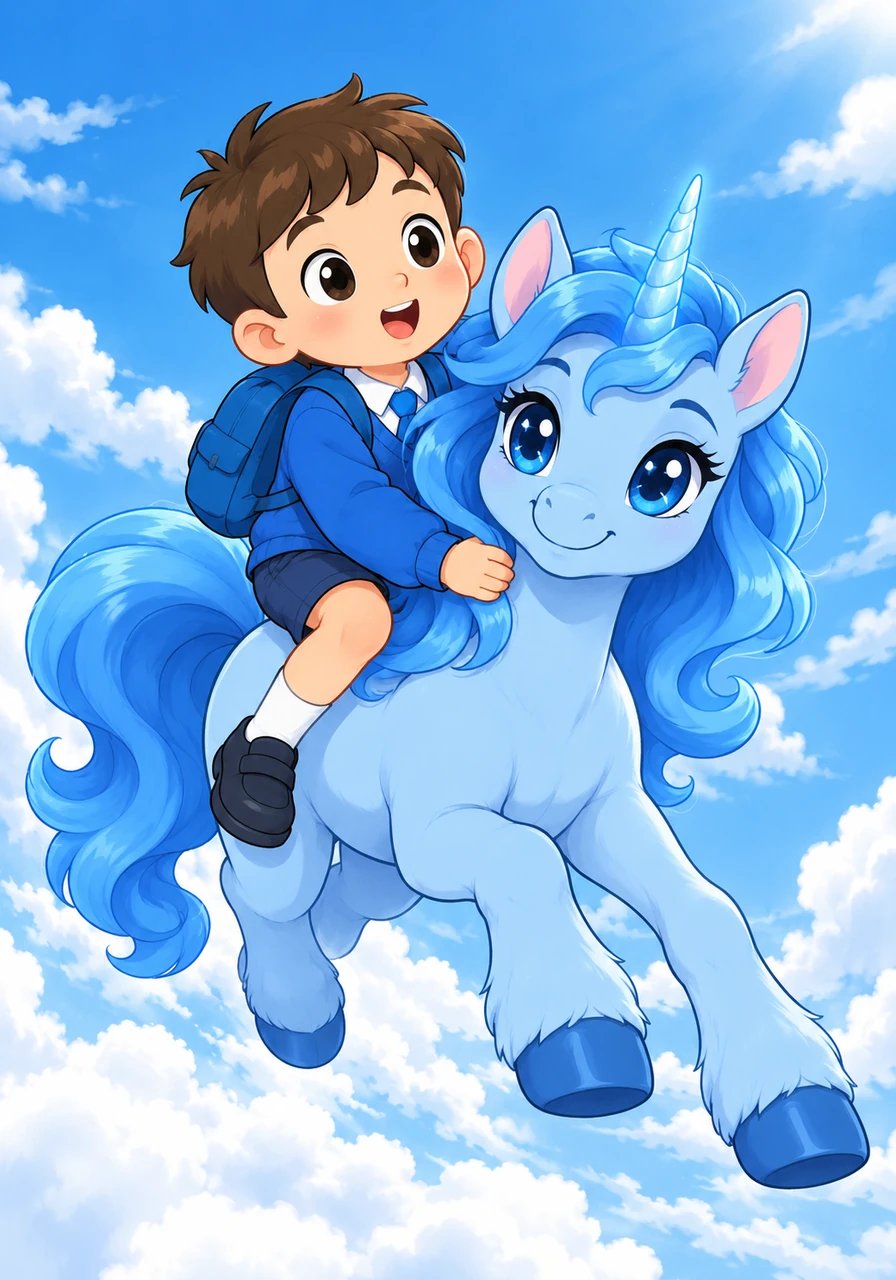 Benjamín trepa alegremente al lomo del caballito y ambos se elevan hacia el cielo despejado. Al saber que el unicornio no tiene nombre, el niño decide llamarlo cariñosamente Estrellita Azul por ser su protector celestial.