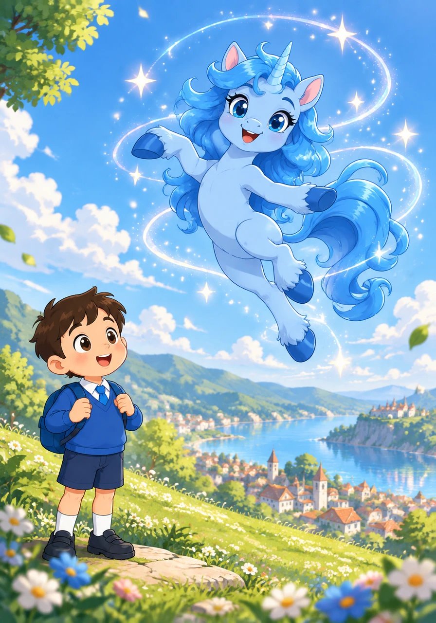 Emocionado con su nuevo nombre, Estrellita Azul empieza a bailar de felicidad en el aire. Con piruetas y giros juguetones entre las brisas suaves, llena el cielo de pequeñas chispas mágicas de alegría.