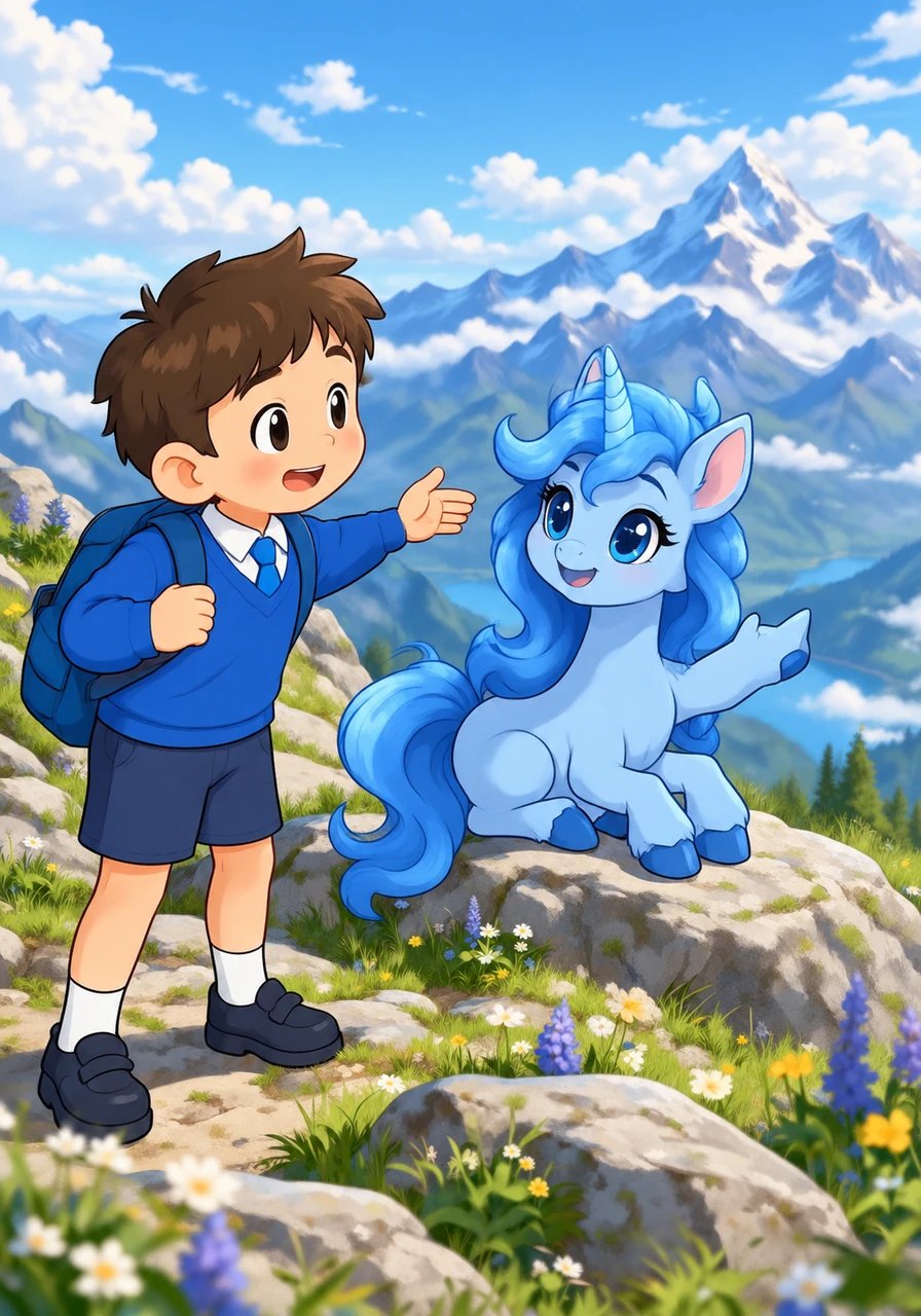 Benjamín le recuerda con ternura que no deben demorarse para no llegar tarde a clase. Estrellita Azul lo tranquiliza diciéndole que hay tiempo de sobra y lo invita a hacer una pequeña parada en la cima de la montaña más alta.