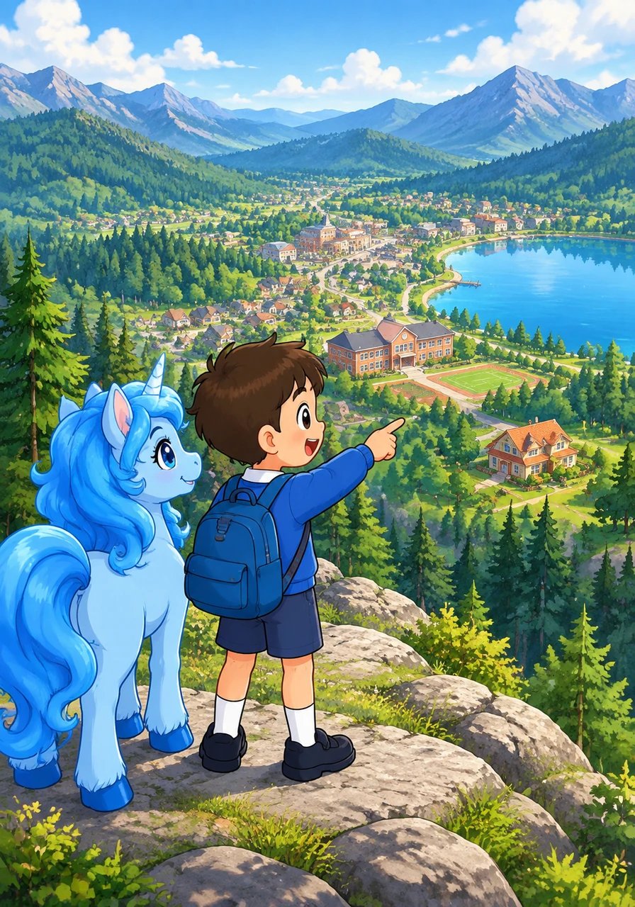 Al llegar al pico de la montaña, Benjamín se apea del unicornio azul para contemplar toda la ciudad. Con entusiasmo señala su casa, su colegio, la vivienda de su amigo Pedrito, el hermoso lago azul y el espeso bosque de pinos que protege la ciudad.