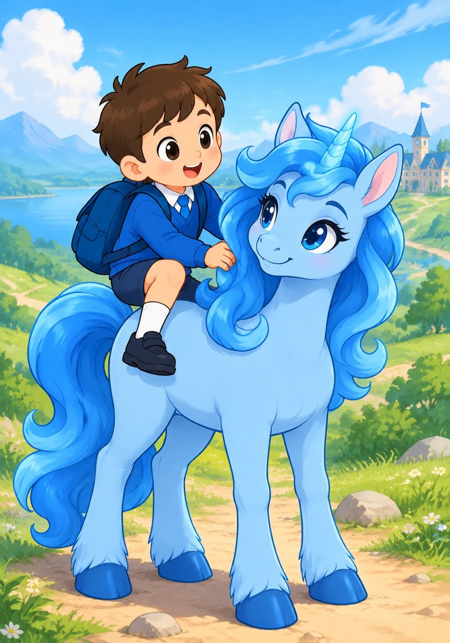 Tras admirar el hermoso paisaje, el caballito le avisa con dulzura que es hora de retomar el viaje. Benjamín vuelve a subir al lomo del unicornio, listo para volar hacia su destino escolar.