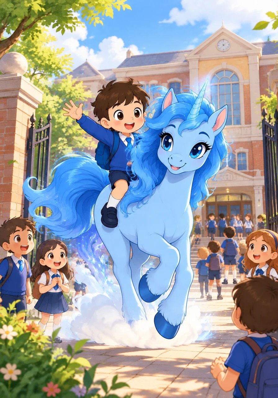 En cuestión de segundos, el mágico unicornio azul surca las esponjosas nubes blancas y desciende suavemente justo en la entrada principal del colegio, donde los demás niños llegan alegres.