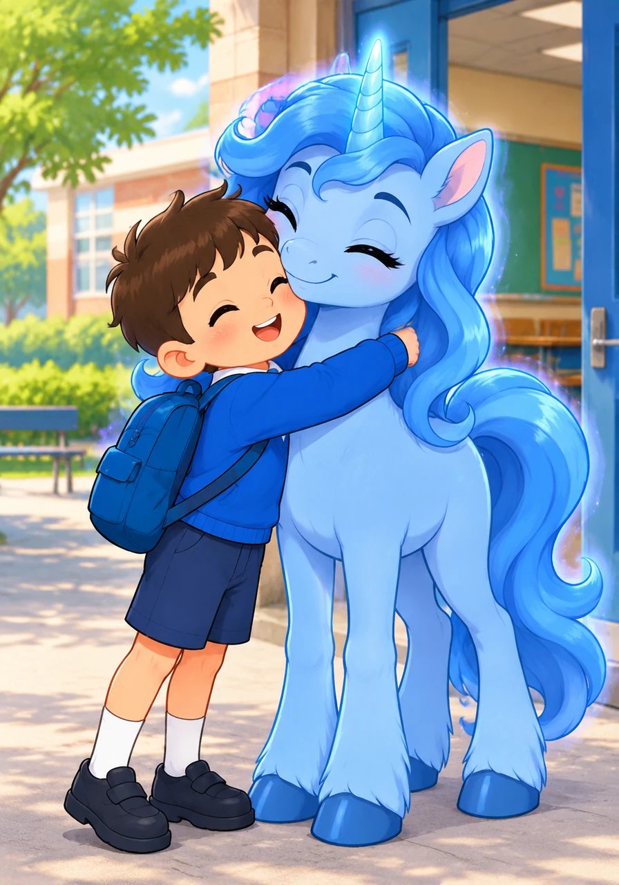 Estrellita Azul le pide a Benjamín que estudie con entusiasmo, sea juicioso y buen amigo, prometiéndole esperarlo a la salida. Lleno de gratitud, el niño abraza a su nuevo ángel guardián y entra feliz a sus clases.