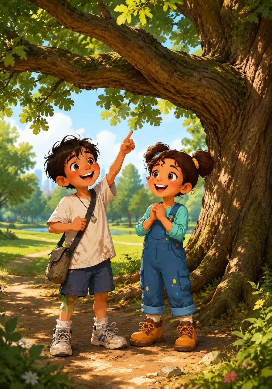 Under a sunny sky, best friends Maya and Leo discovered a magnificent old oak tree at the edge of the park. Their faces lit up with shared excitement as they pointed to a sturdy branch, instantly deciding this was the perfect place to build a secret treehouse.