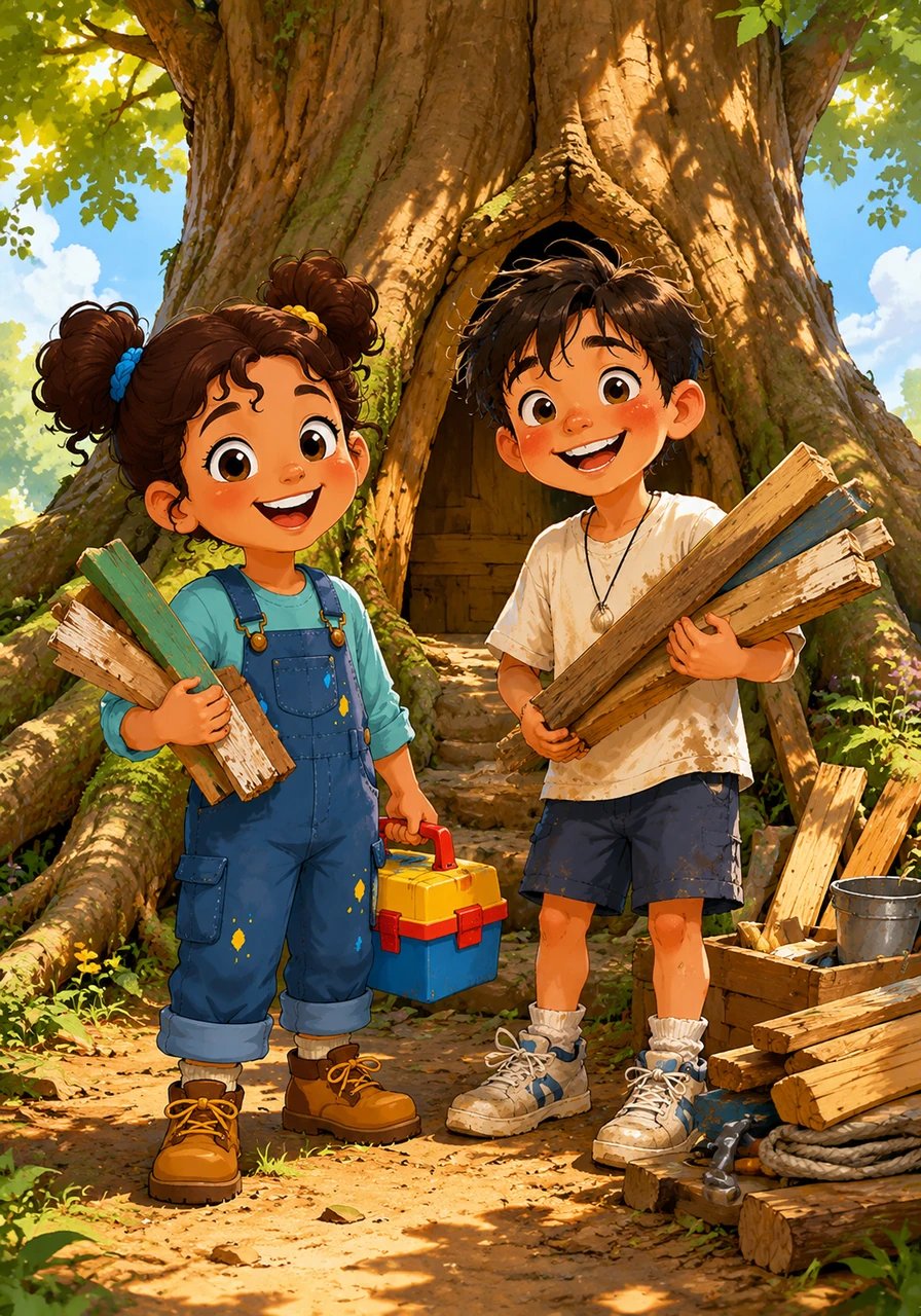 The next afternoon, the ground beneath the tree was a busy construction site. Maya and Leo arrived with scraps of wood and a colorful toolbox, eager to start building, though the pile of supplies looked small next to the giant tree trunk.