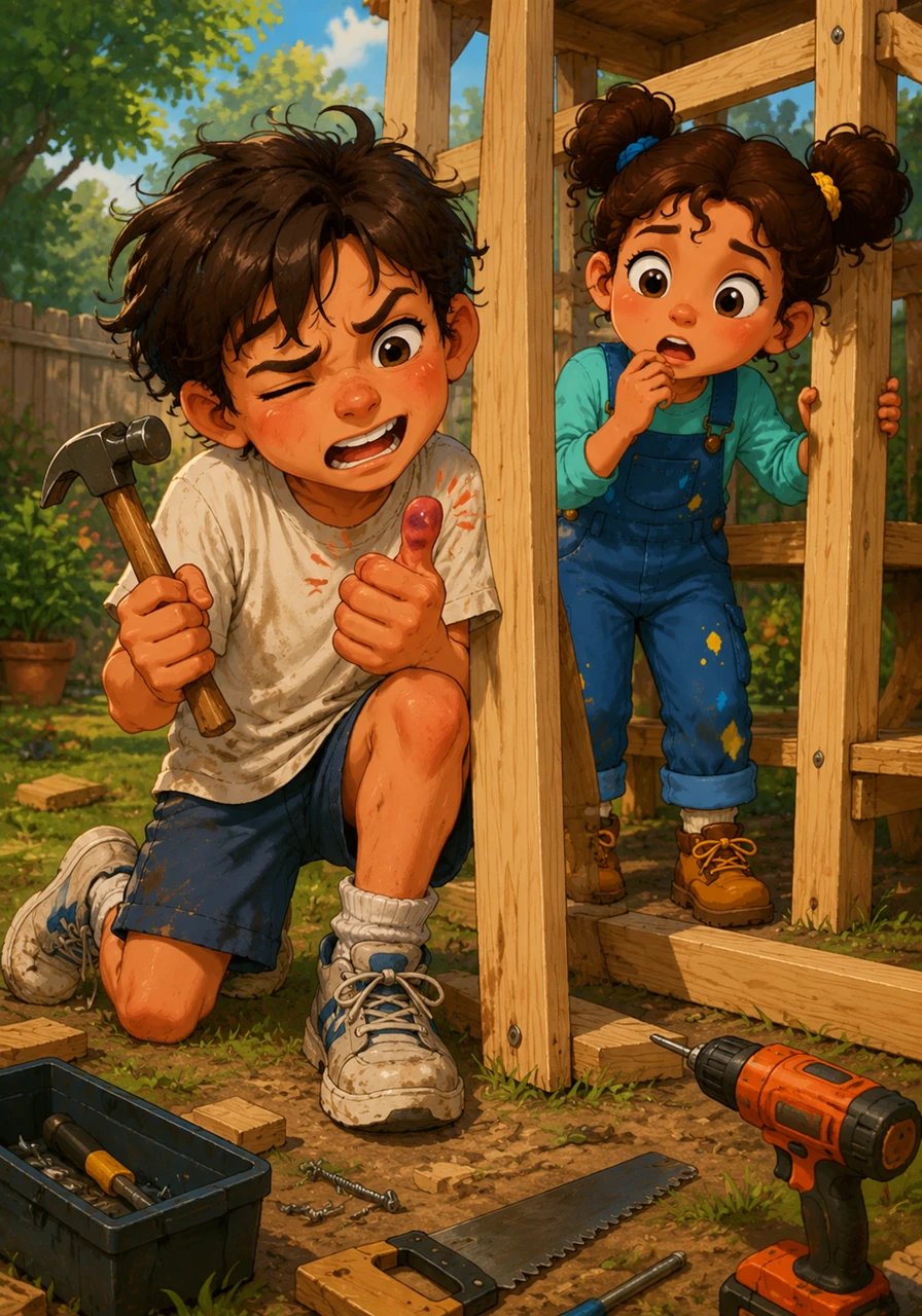 It didn't take long for the first real challenge to arrive. While trying to hammer a support plank, Leo missed and bruised his thumb, making both kids realize that building was harder work than they thought.