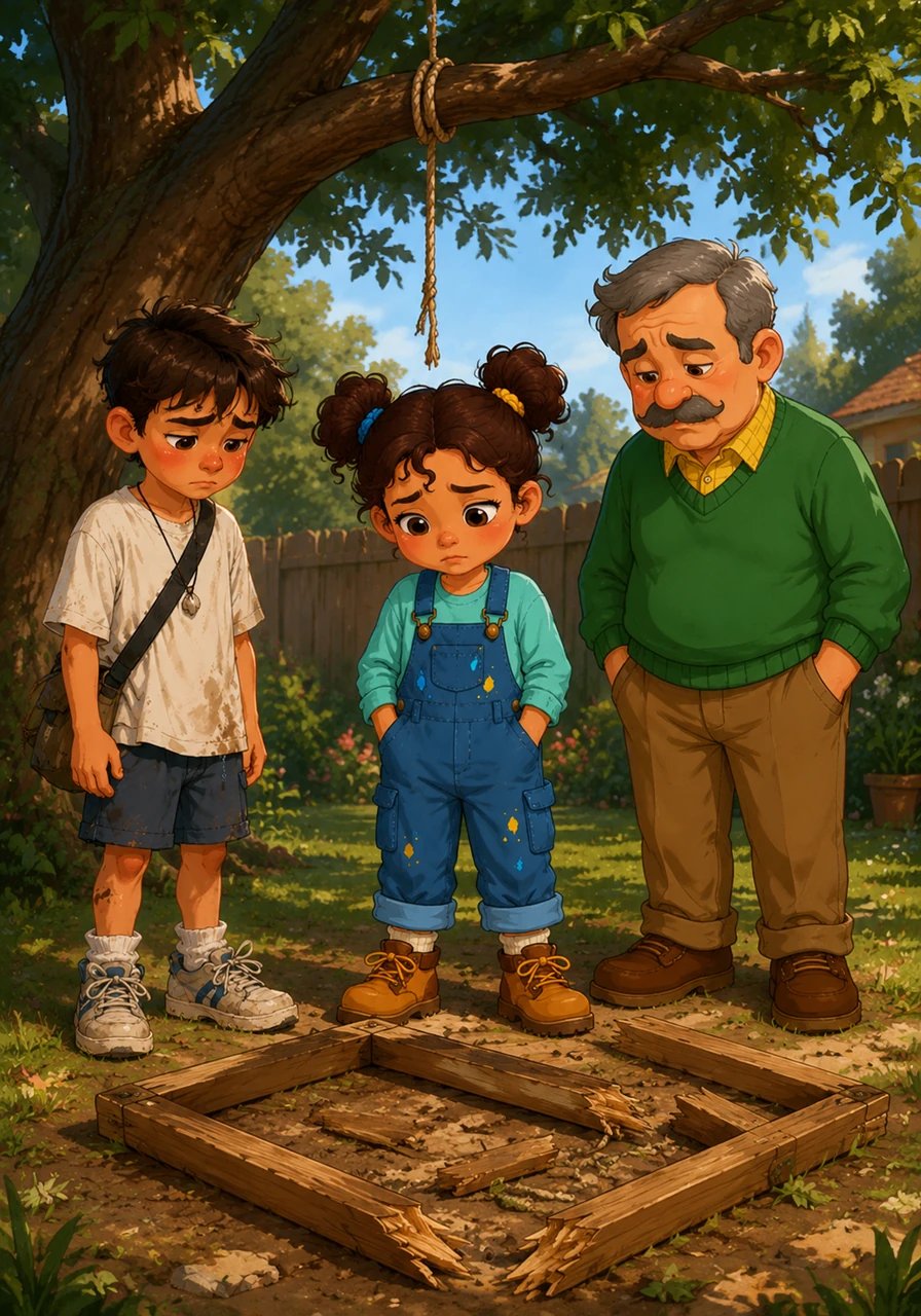 Their struggles continued as they tried to hoist a heavy wooden frame up to the first branch. The rope slipped, the frame crashed to the ground, and Maya looked sadly at their failed attempt.