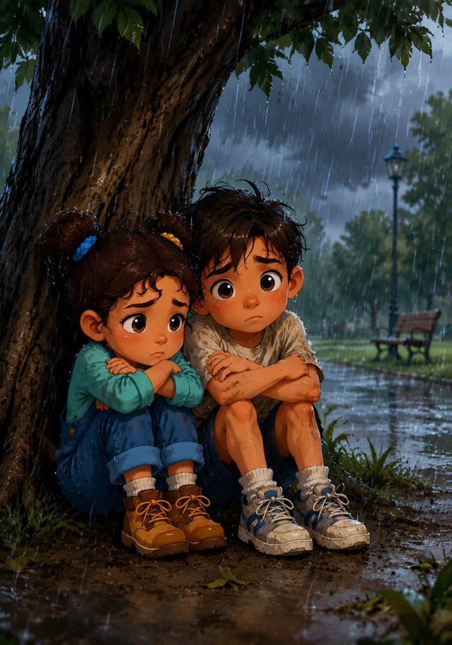 Dark, heavy clouds suddenly rolled in, and a summer downpour began to drench the park. Maya and Leo huddled closely together under the meager shelter of the tree trunk, looking wet and discouraged.
